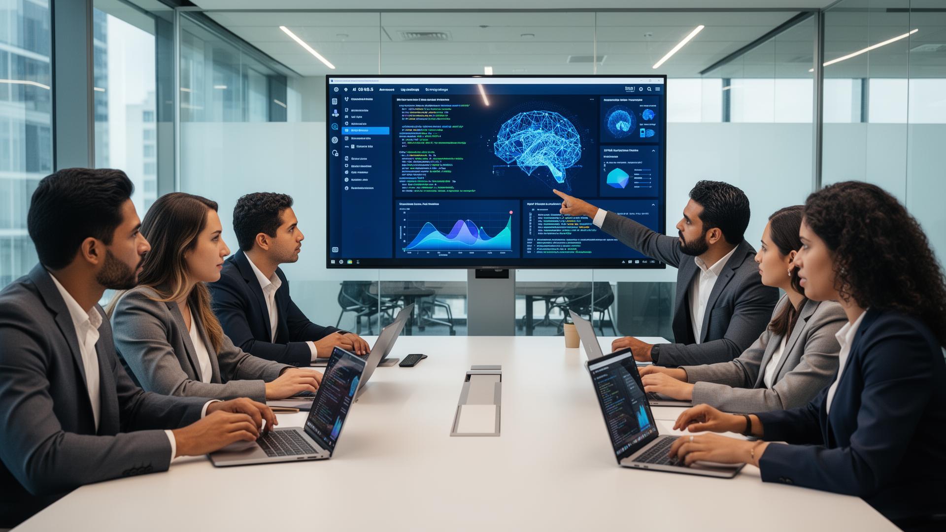 Profesionales latinoamericanos analizando dashboards de inteligencia artificial en una oficina moderna